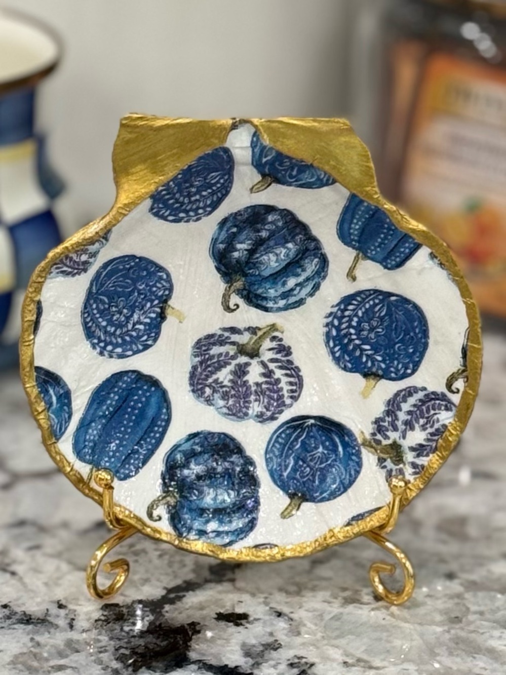 Hand Crafted Blue Pumpkins Trinket Shell Dish Jewelry Dish Blue White 5”